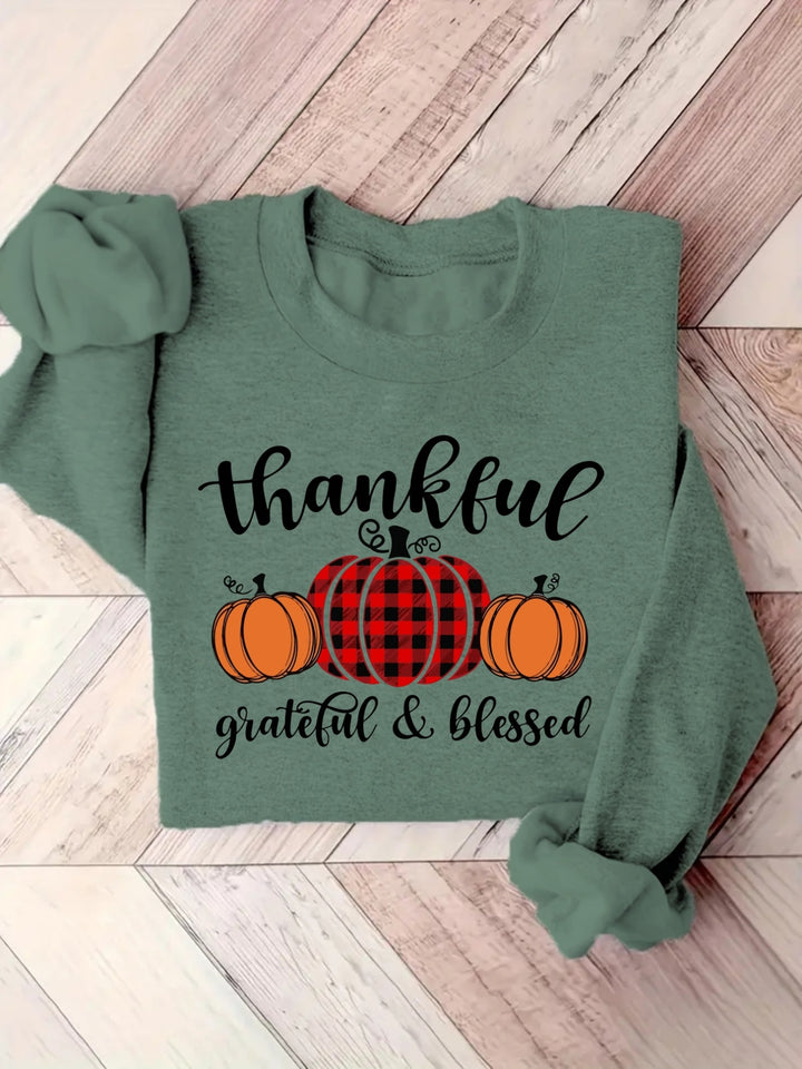Women's Olive Green Plaid & Thankful Grateful Blessed Print Sweatshirt