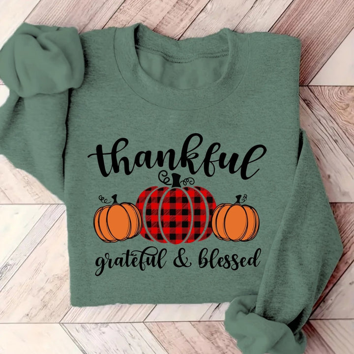 Women's Olive Green Plaid & Thankful Grateful Blessed Print Sweatshirt
