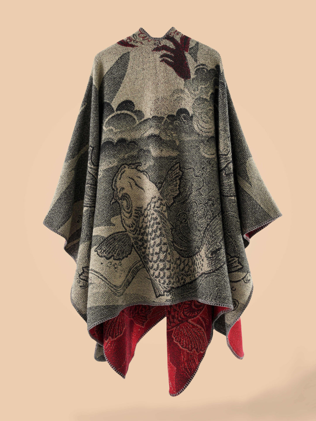 Stylish Open-Front Cardigan with a Large Fish Pattern Shawl