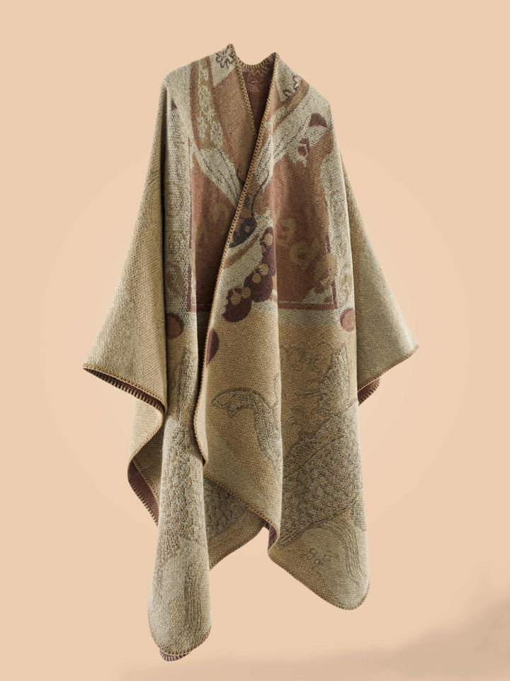 Stylish Open-Front Cardigan with a Large Fish Pattern Shawl