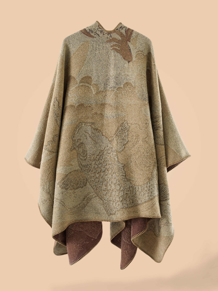 Stylish Open-Front Cardigan with a Large Fish Pattern Shawl