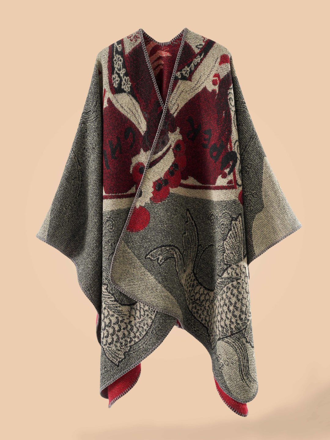 Stylish Open-Front Cardigan with a Large Fish Pattern Shawl