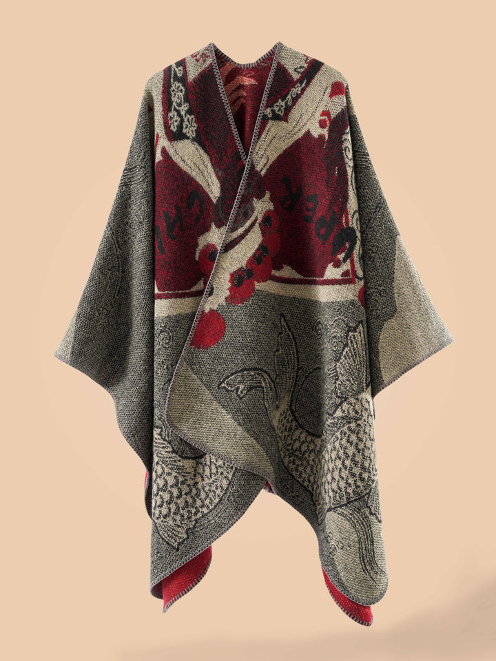 Stylish Open-Front Cardigan with a Large Fish Pattern Shawl