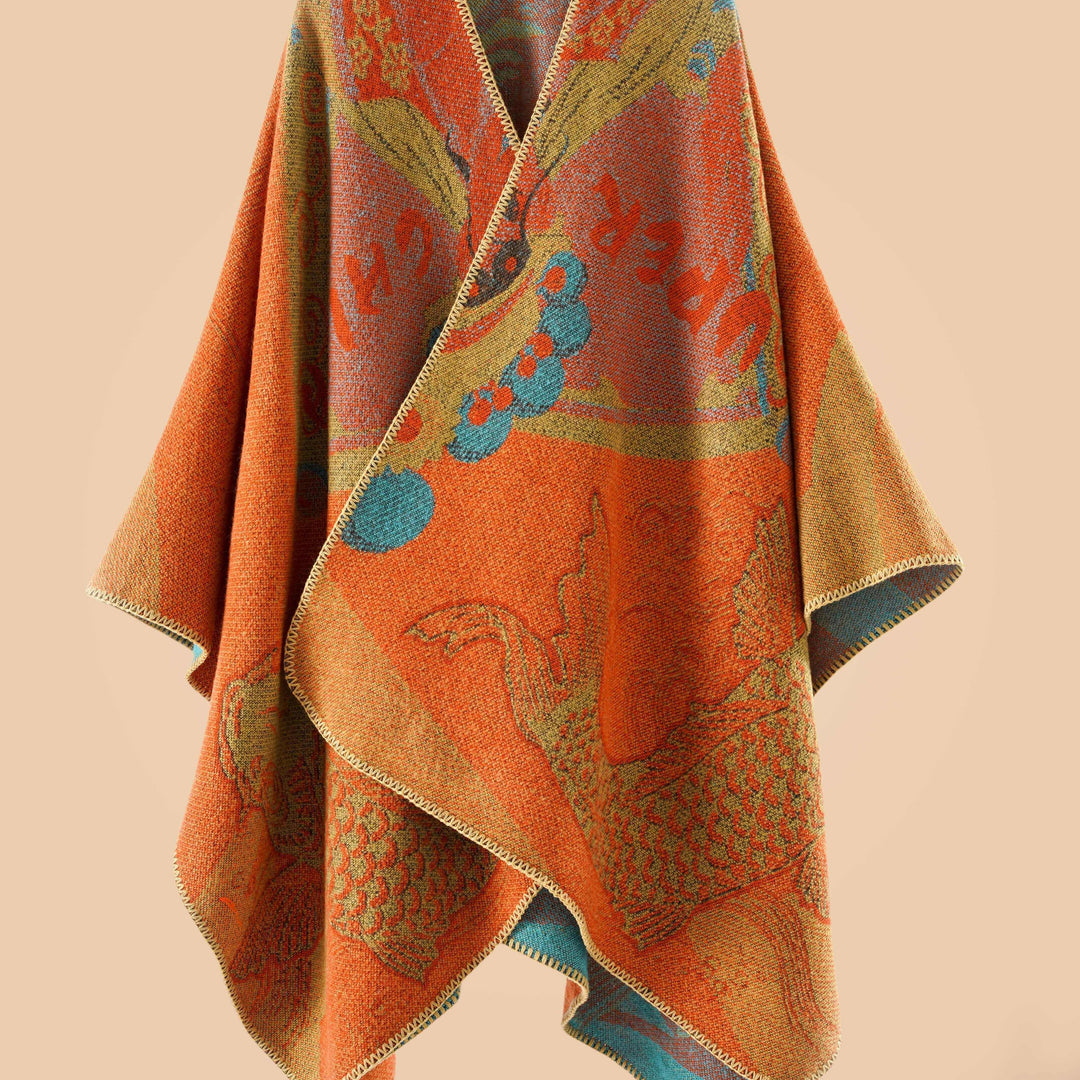 Stylish Open-Front Cardigan with a Large Fish Pattern Shawl