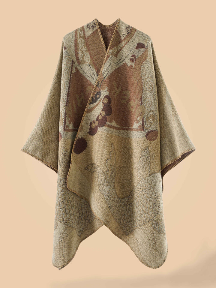 Stylish Open-Front Cardigan with a Large Fish Pattern Shawl