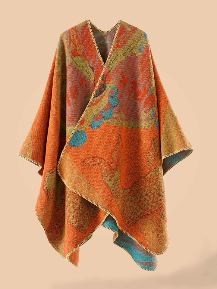 Stylish Open-Front Cardigan with a Large Fish Pattern Shawl