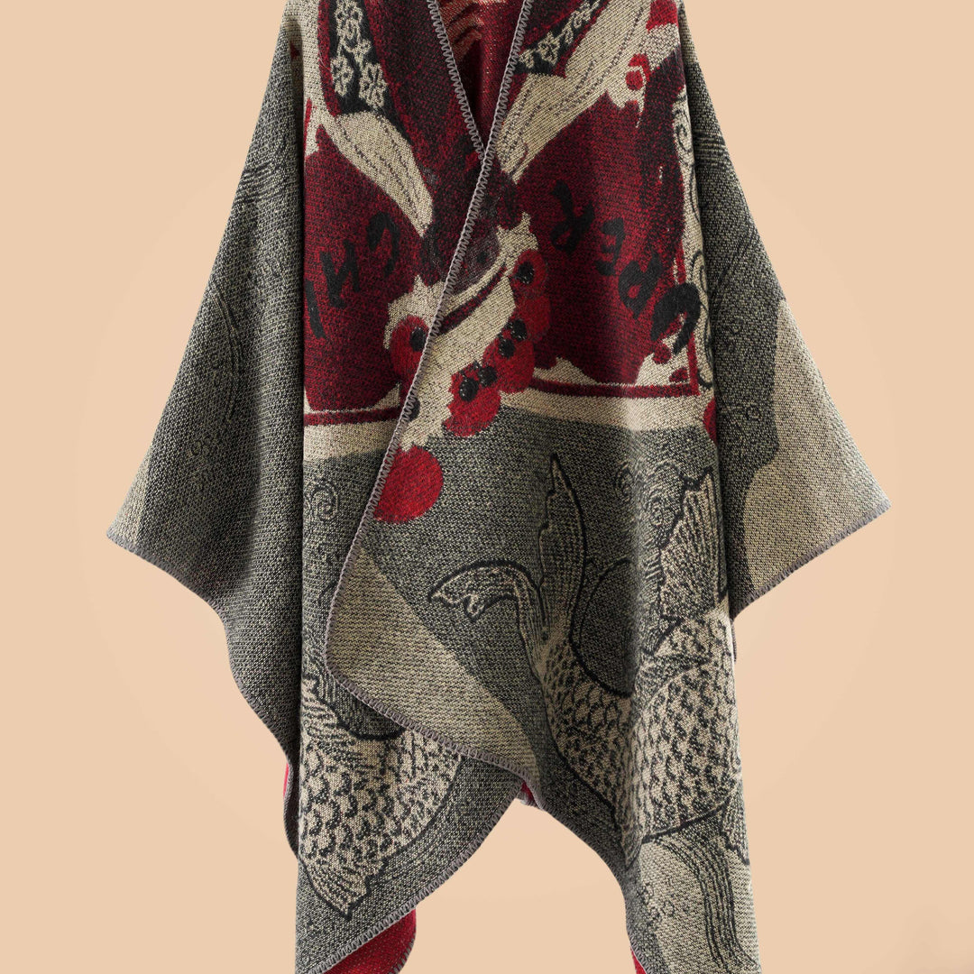 Stylish Open-Front Cardigan with a Large Fish Pattern Shawl