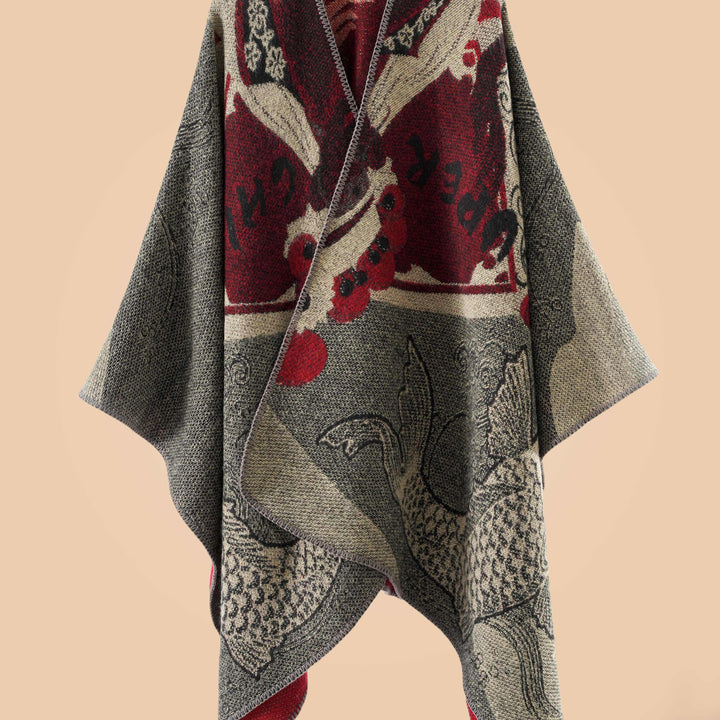 Stylish Open-Front Cardigan with a Large Fish Pattern Shawl
