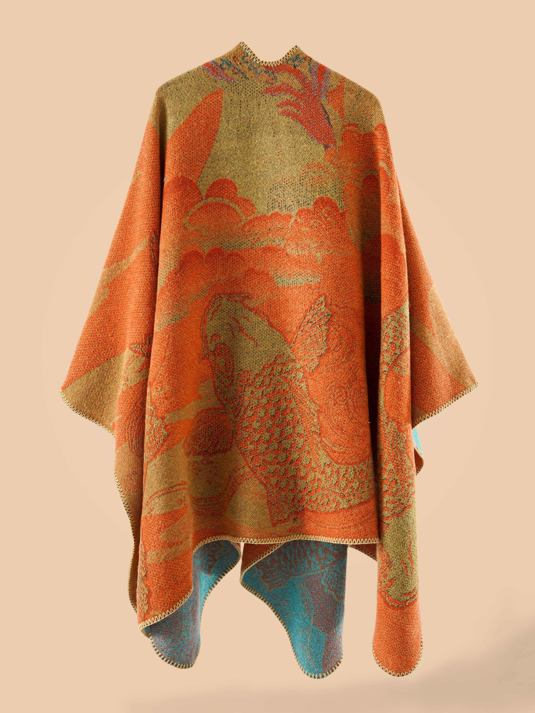 Stylish Open-Front Cardigan with a Large Fish Pattern Shawl