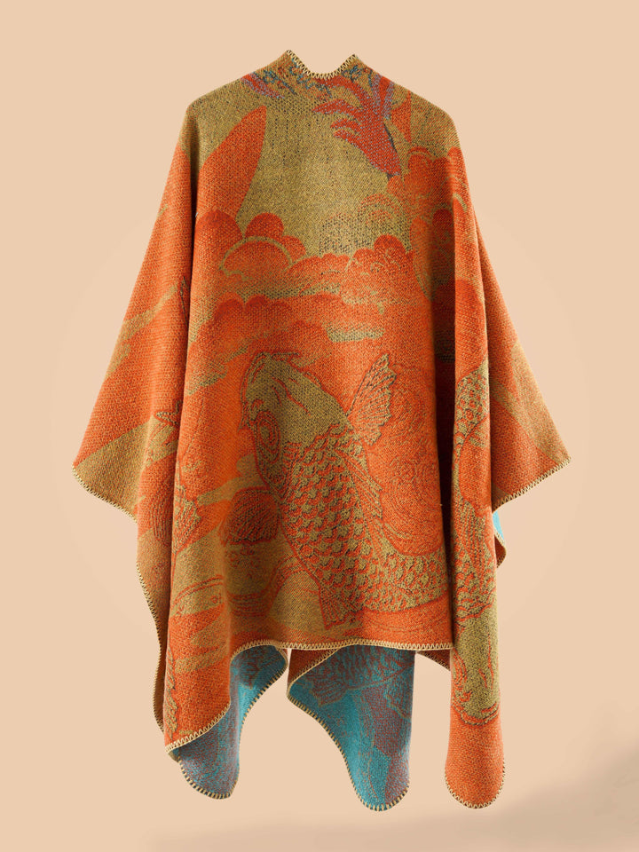 Stylish Open-Front Cardigan with a Large Fish Pattern Shawl