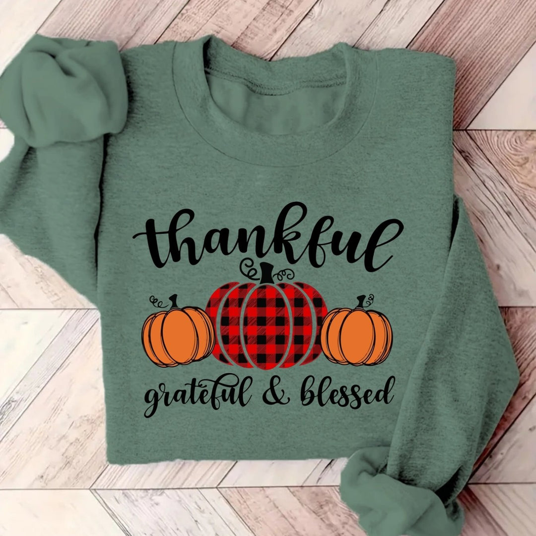 Women's Olive Green Plaid & Thankful Grateful Blessed Print Sweatshirt