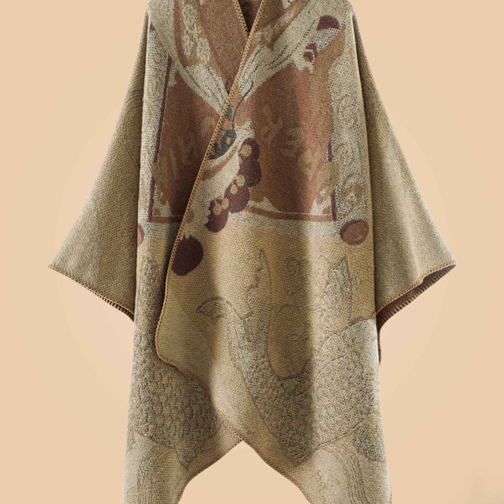 Stylish Open-Front Cardigan with a Large Fish Pattern Shawl