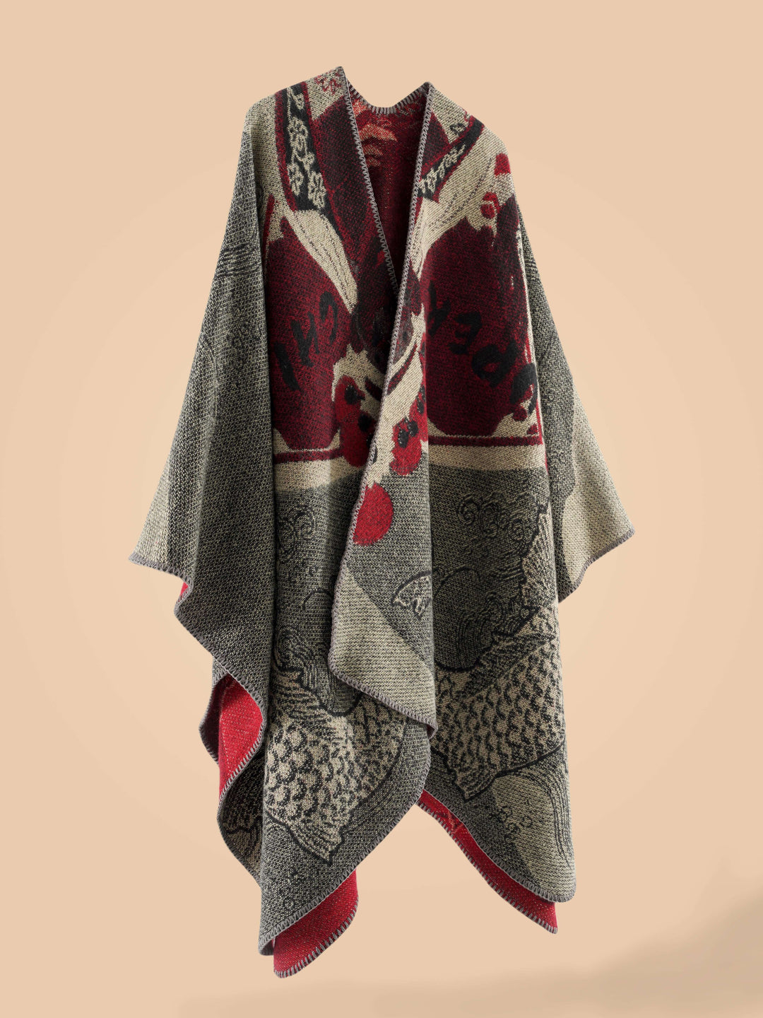 Stylish Open-Front Cardigan with a Large Fish Pattern Shawl