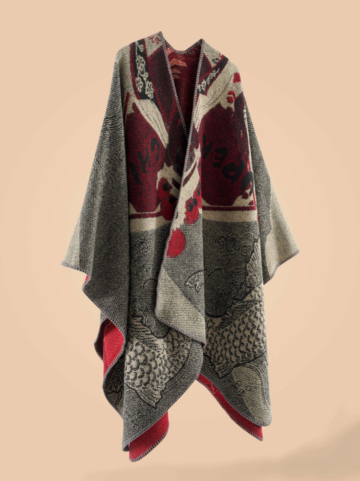 Stylish Open-Front Cardigan with a Large Fish Pattern Shawl